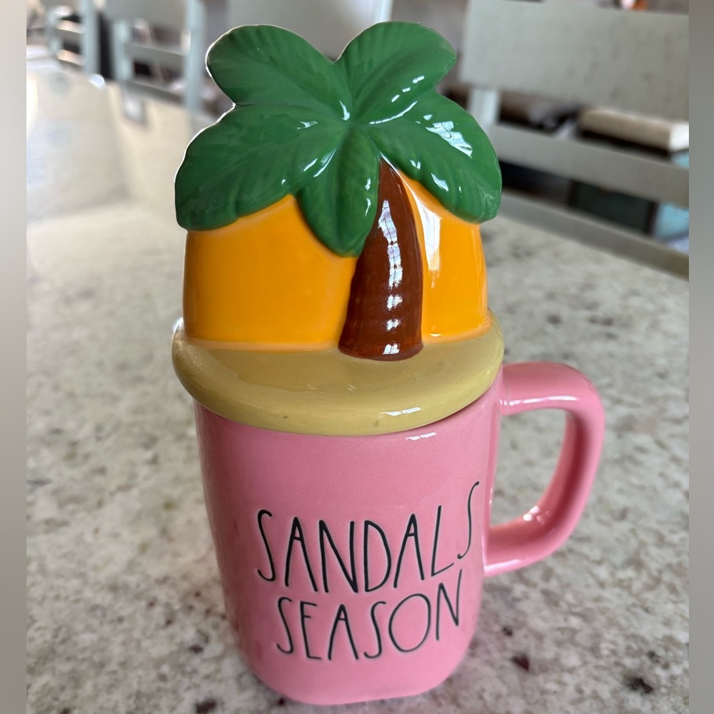 Rae Dunn Coffee Mugs with Decorative ceramic Lid, Sandals Season/Palm Tree/Coral